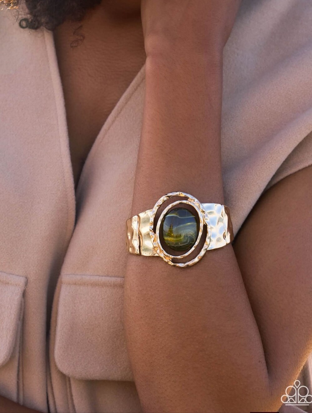 Gold Hammered Cuff Bracelet with Green Oval Stone